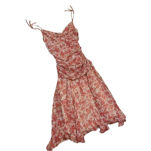 Irene Van Ryb Silk Floral Mesh Ruched Dress Handkerchief Hemline Y2K | 42 - US L - Picture 2 of 10